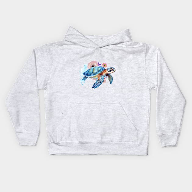 Trendy Watercolor Floral Sea Turtle . Kids Hoodie by Alienated